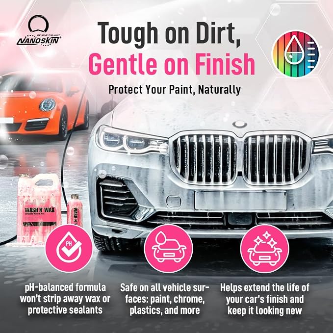 Nanoskin WASH N' WAX with Carnauba 16 Oz. - Cleans & Shines in One Step | Works with Foam Cannon, Foam Gun, Bucket Washes, Pressure Washer | Carnauba Wax Protection for Cars
