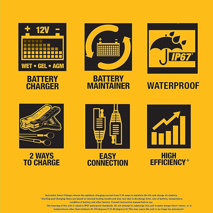 DEWALT DXAEWPC4 Fully Automatic 4 Amp 12V Waterproof Battery Charger/Maintainer with Cable Clamps