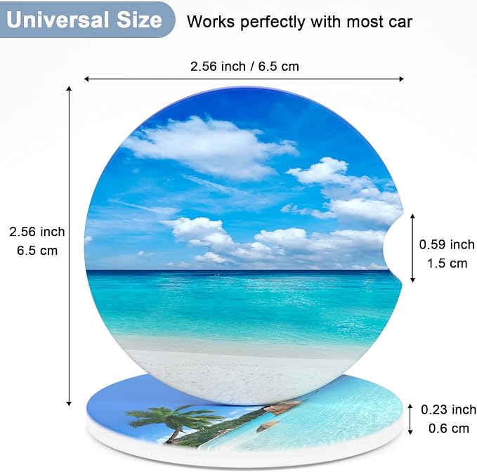 Nipichsha Car Coasters for Cup Holders, 2 Pack Absorbent Ceramic Car Cup Holder Coaster for Drinks, Cute Auto Assecories for Women Men, Size 2.56 in with Finger Notch & Cork Base, Beach Style