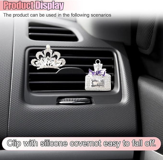 4PCS Bling Car Air Vent Clip, Crystal Rhinestone Heels Bag Crown Perfume Bottle Dashboard Air Vent Trim Clips, Car Interior Outlet Diffuser Decoration Accessory for Women (Silver)