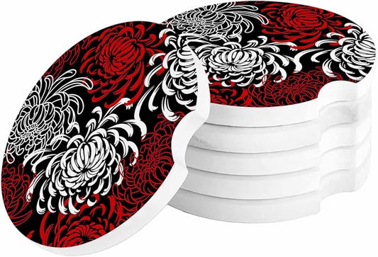 Small Car Coasters for Cup Holders 2.65" Absorbent 6 Pack Car Coaster Ceramic Stone for Drinks Absorb Water Drops Abstract Floral Red Black and White Dahlia