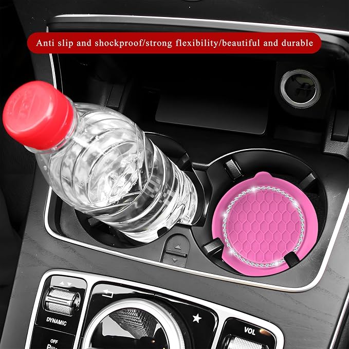 Sun Walker 4 PCS Bling Car Cup Holder Coaster, Non Slip Sparkly Rhinestone Cup Holder Pad Insert Coaster, Shockproof Silicone Shiny Embedded Drink Mat Interior Decor for Most Vehicles (Pink)