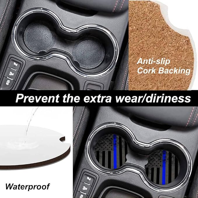 2 Pack Absorbent Car Coasters for Cup Holders,Ceramic Coasters with Cork Back and Finger Slot,Cool Cupholder Accessories to Keep Your Car Cup Holders Clean and Dry 2.56"(Blue Line USA Flag)