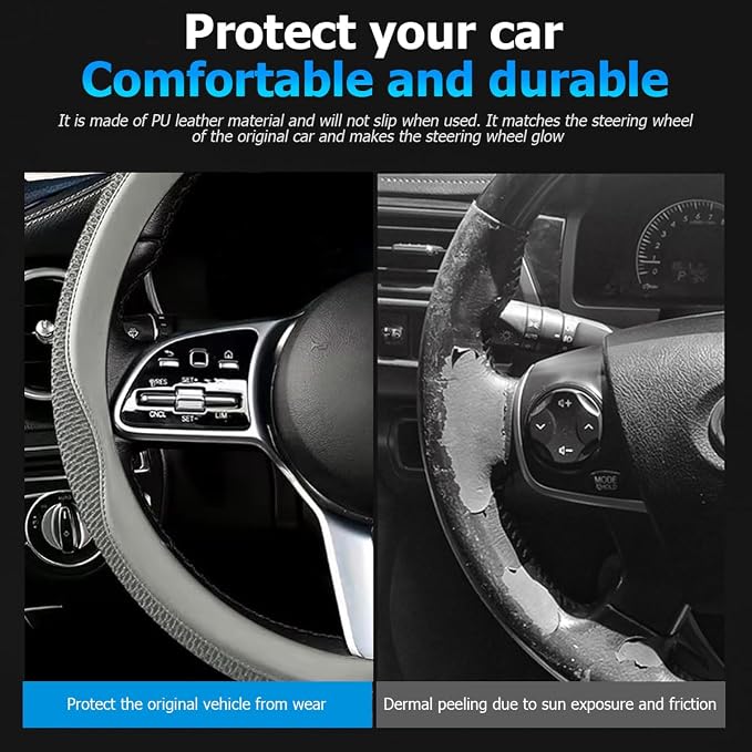 Car Steering Wheel Cover, 15 inch Ice Silk Leather Soft Comfortable Vehicle Steering Wheel Protector, Breathable Automotive Interior Accessories, Universal for SUV Sedan Truck (Gray)