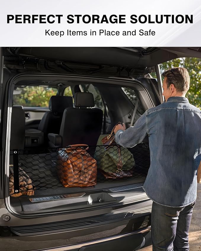Karltys Envelope Style Cargo Net for Nissan Pathfinder 2022-2024 2025 2026, Highly Elastic Pathfinder Rear Trunk Cargo Net, Heavy Duty Nylon Mesh Storage Netting Organizer with Durable Hooks