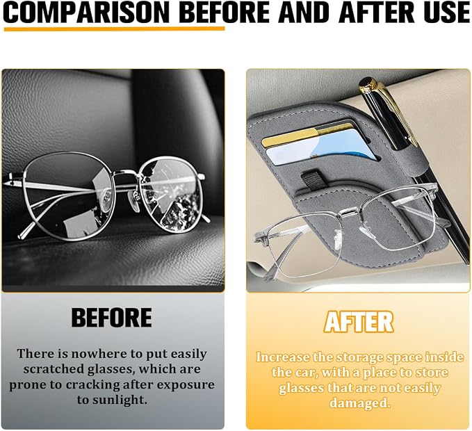 Car Sun Visor Organizer, Multi-Pocket Vehicle Sunglass Card Holder with Pen Slot, Automotive Interior Sunshade Glasses Storage Organizer, Universal Fit (Gray)