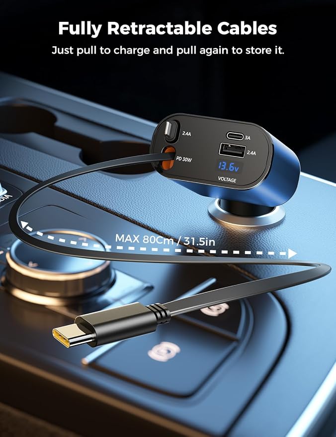 [Upgraded] SUPERONE Retractable Car Charger 4 in 1 Fast Car Phone Charger | USB C and Apple Multi Car Adapter with Cord 2.6ft, Compatible with iPhone 17 16 15/15 Pro Max/14/13/12/11, Galaxy, Pixel