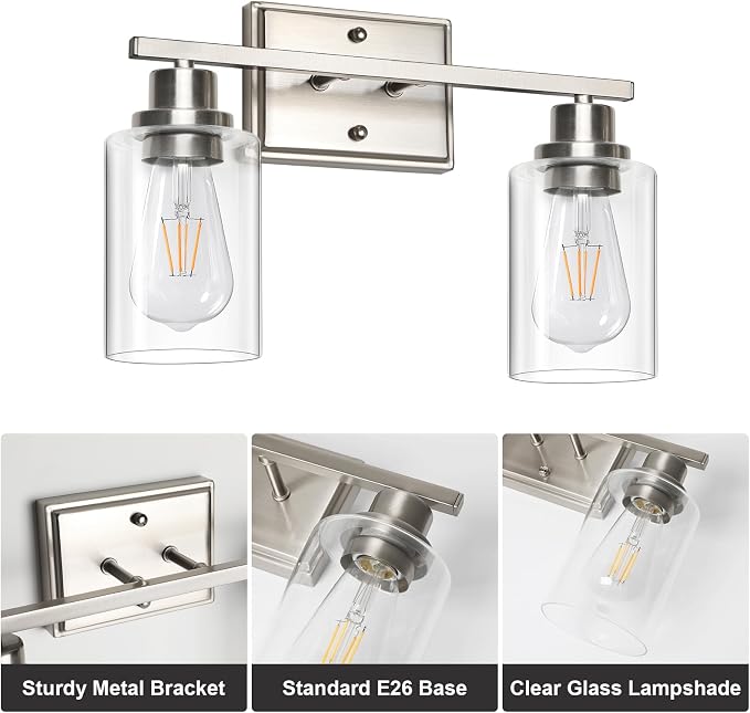 Unicozin 2 Light Bathroom Light Fixtures, Modern Vanity Lights Over Mirror, Brushed Nickel Wall Lamp with Clear Glass for Living Room Cabinet Bedroom Porch