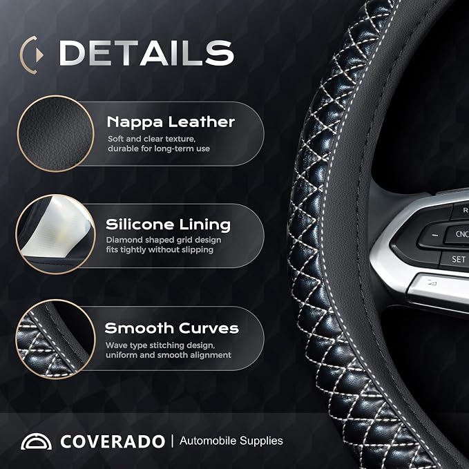Coverado Car Steering Wheel Cover, Nappa Leather Black & Grayline Steering Wheel Covers, Universal 14-15 inch, Anti-Slip, Breathable Steering Wheel Protector for Women Men
