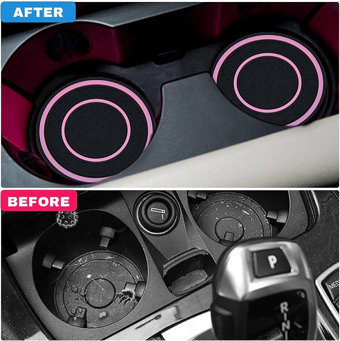 4 Pack Car Coasters for Cup Holder, 2.75 Inch Universal Auto Waterproof Coasters Silicon Insulation Cup Mats,No-Slip Anti Dust Insert Coaster for Woman Man, Suit for Vehicle Interior (Black/Pink)
