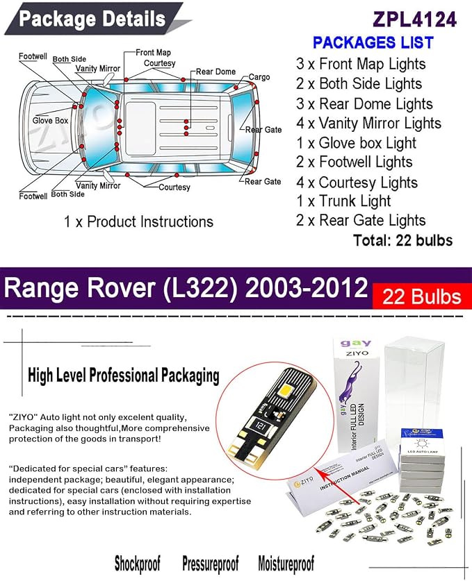 ZIYO ZPL4124 - (22 Bulbs) LED Interior Light Kit Replacement for Land Rover Range Rover L322 2003-2012, 6000K Xenon White Dome Light Bulbs Upgrade Error Free