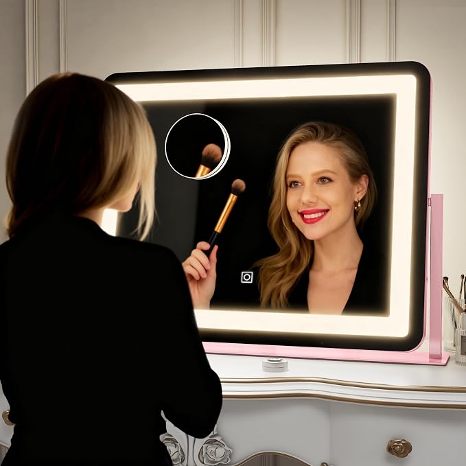 ROLOVE 22x16 Inch Pink Vanity Mirror with Lights，Dimmable LED Lights，3 Color Modes, Smart Touch Control，10X Magnification，Light up Makeup Mirror for Desk, Gift for Teen Girls