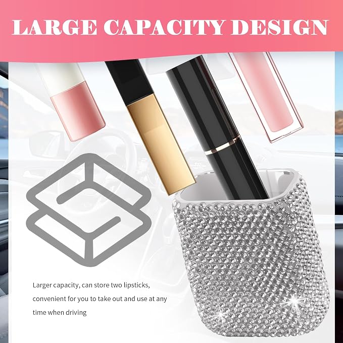 Bling Chapstick Holder for Car with Rhinestone,Portable Car Chapstick Holder as Chapsticks Organizer,Self-Adhesive Cars Lip Balm Holders Cars Interior Accessories for Women (White)