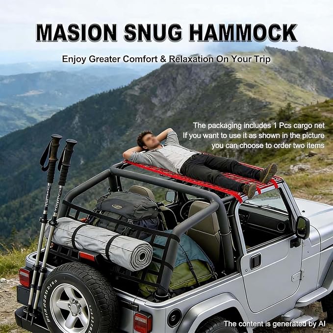 Red for Jeep Hammock & Cargo Net, Compatible for 1987-2024 Jeep Wrangler | YJ TJ JK JL LJ JKU JLU JT & Gladiator JT, High-Visibility Nylon for Jeep Hammock, Car Ceiling Cargo Net Overhead Storage