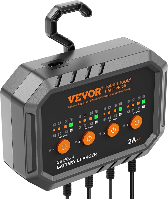 VEVOR Smart Battery Charger, 2A x 4, LiFePO4 Lead-Acid (AGM/Gel/SLA) Car Battery Charger, Fully-Automatic Charger Maintainer Desulfator for Boat Motorcycle Lawn Mower Golf Cart Marine Deep Cycle