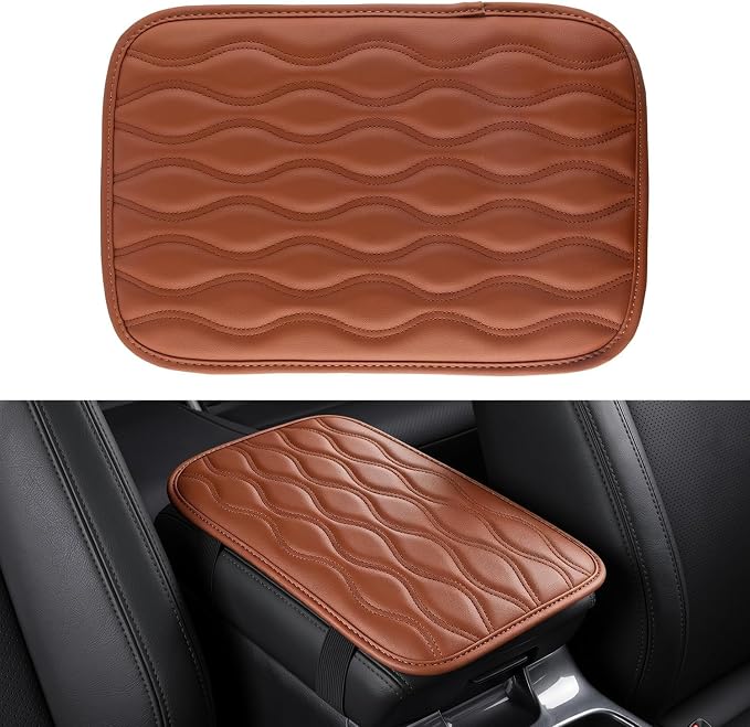 Amiss Car Center Console Cover, Upgraded Leather Car Armrest Cushion, Universal Waterproof Cushion Pad, Non-Slip Car Interior Accessories, Fits Most Sedans SUVs Trucks (Brown)