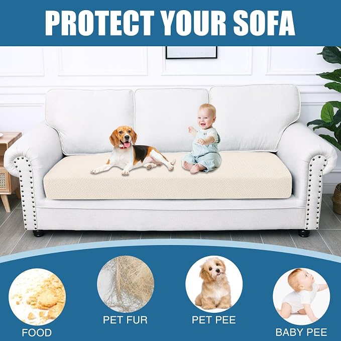 Smiry Waterproof Couch Cushion Covers, Stretch Jacquard Thick Sofa Cushion Covers, Washable Seat Slipcover Elastic Furniture Protector for Pets, Kid (Large, Light Biege)