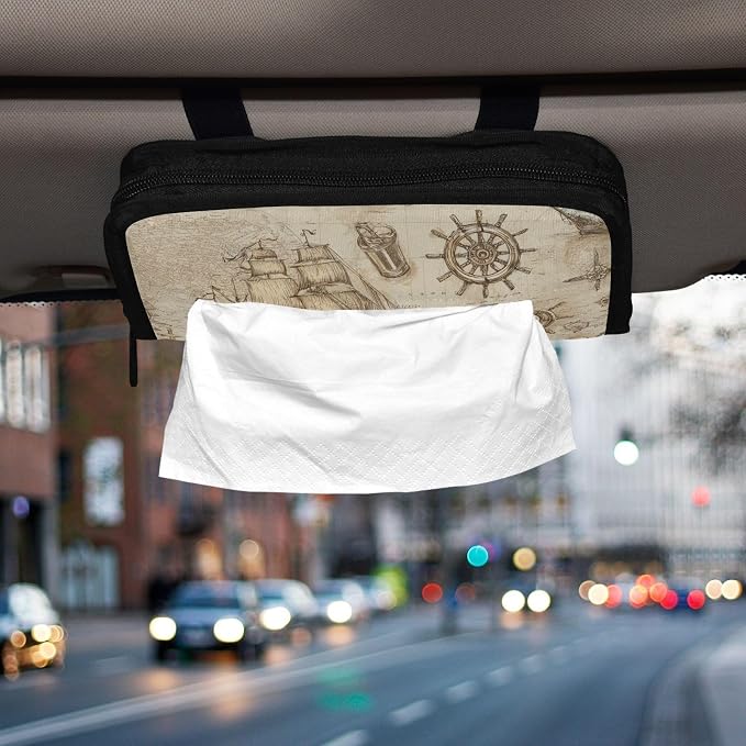 Vintage Beige Pirate Sailing Ship Anchor Car Tissue Holder Durable Napkin Holder Hanging Tissue Holders Case Car Tissues Bag for Sun Visor Seat Back Universal Auto