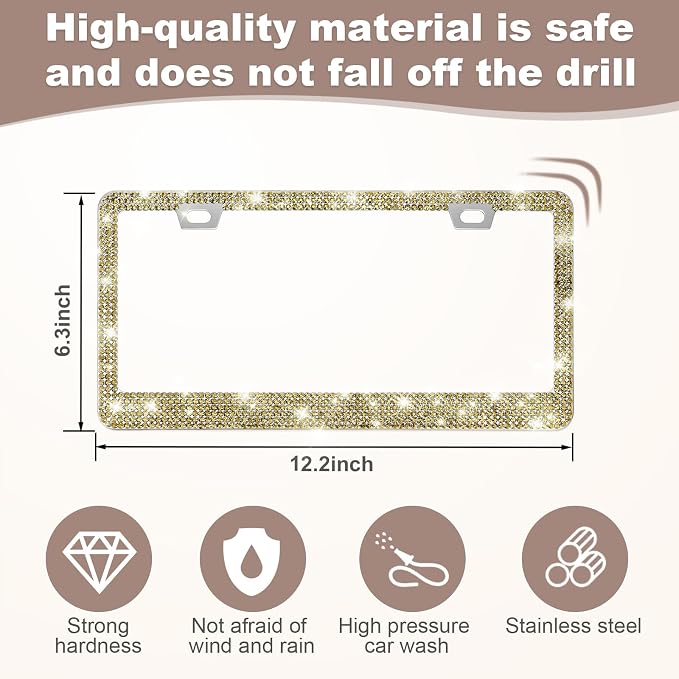 QUANQIUFEI 2 Pack Bling License Plate Frames for Women, Sparkly Rhinestone Diamond Car Accessories with Glitter Crystal Caps (Gold)