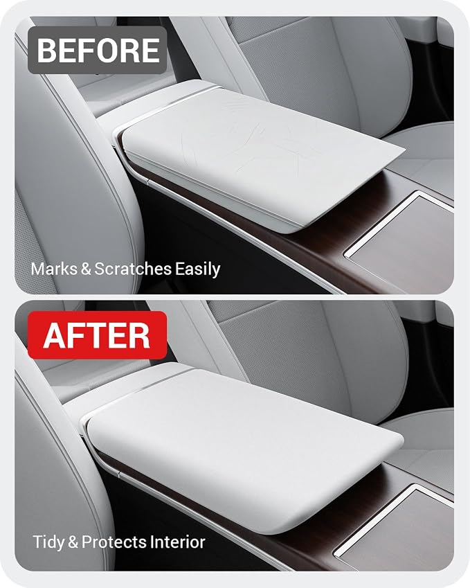 BASENOR Upgraded Tesla Model S Model X Center Console Cover Non-Slip TPE Armrest Cover [No Logo] Protector Armrest [Proprietary Design] 2021-2026 Tesla Interior Accessories White