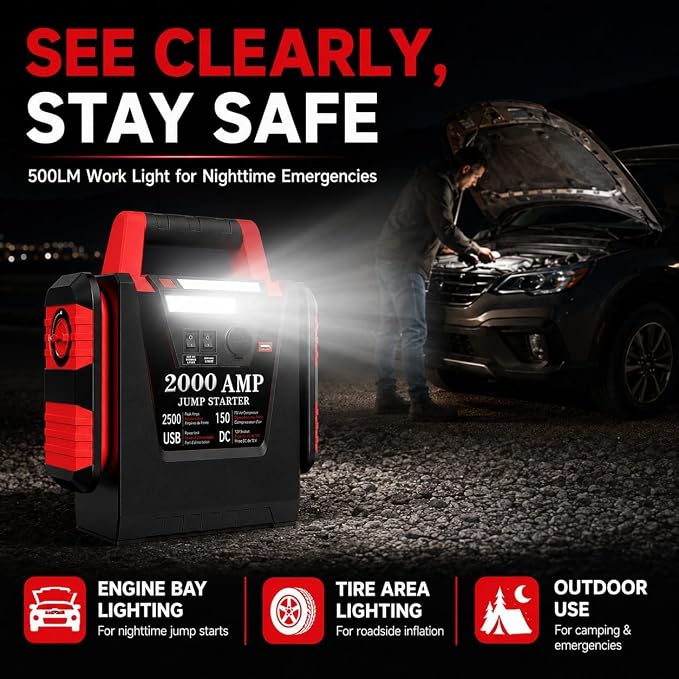 Jump Starter with Air Compressor,2000A Car Battery Jumper Starter 150 PSI Tire Inflator,6 in 1 Auto Lead-Acid Battery Booster Jump Starter for Up to 10.0L Gas or 8.0L Diesel with LED Light