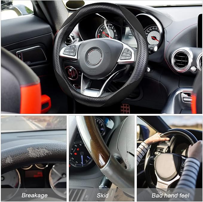 Steering Wheel Cover for Women and Men, Carbon Fiber Plush Steering Wheel Cover Soft Anti-Slip Comforting, Universal 15 Inches Steering Wheels Accessories (Carbon Fiber Black)