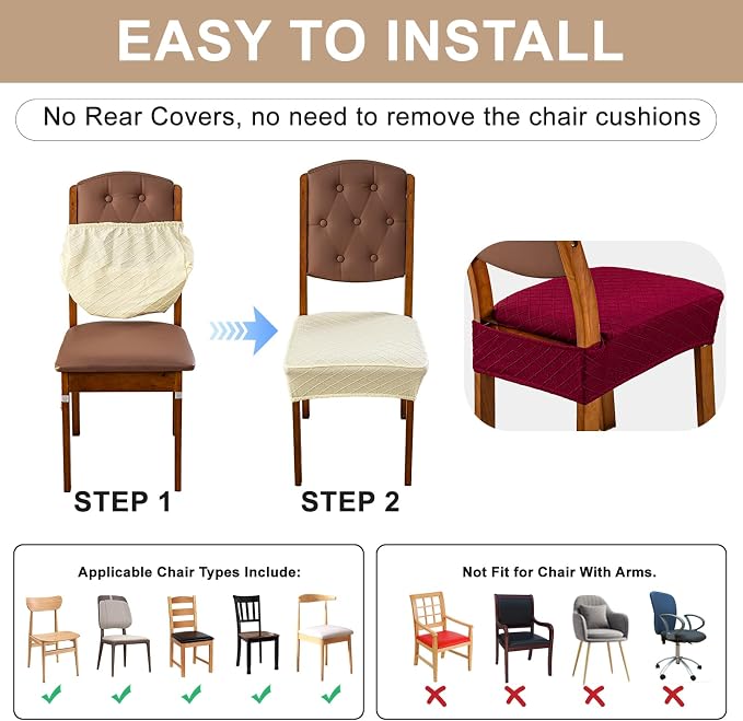 Genina Waterproof Seat Covers for Dining Room Chairs Covers Dining Chair Slipcovers Protector, No Rear Covers (Wine Red, 6 Pcs)