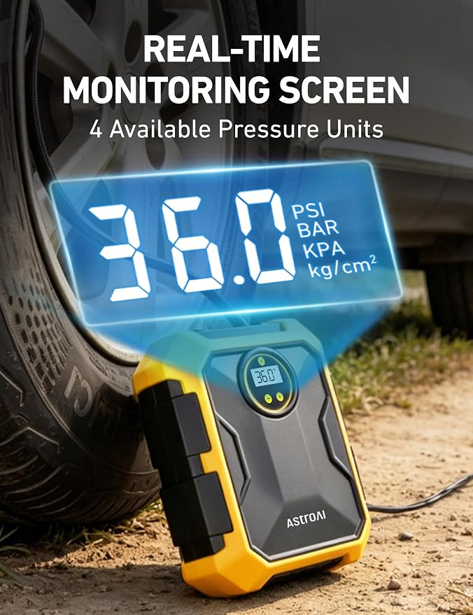 AstroAI Tire Inflator Portable Air Compressor 12V DC 100PSI, Integrated Storage, Digital Gauge, Auto Shut-Off Fast Inflation LED Light, Air Pump for Car Tires Bike Motorcycle Other Inflatables, Yellow