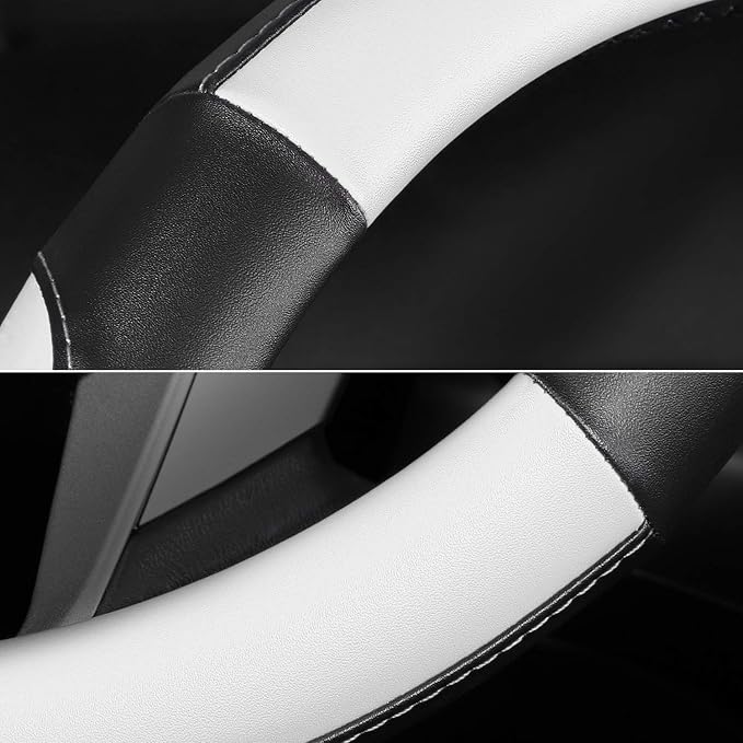 SEG Direct Car Steering Wheel Cover Small Size for Prius Civic Model 3 Model Y Camaro Rogue with 14-14 1/4 inches Outer Diameter, Black and White Mirofiber Leather