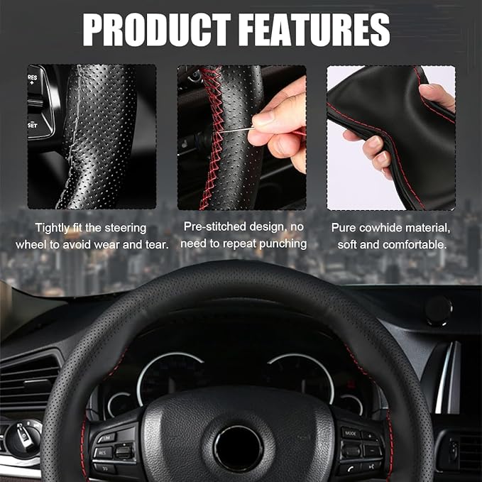 Wevdn Genuine Leather Steering Wheel Cover, Stitch on Wrap, DIY Sewing Steering Wheel Protector, 15 Inch Breathable Non-Slip Steering Wheel Protector, Car Accessories (Coffee, Glossy)