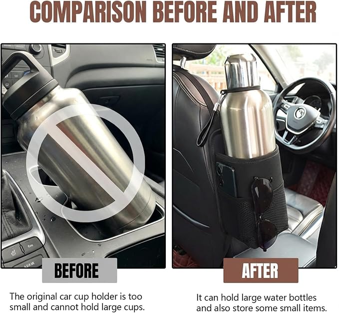 2 in 1 Large Cup Holder, 80oz Auto Water Bottle Holder Bag, Multifunctional Car Hanging Storage Bag for Big Drinks, Items, Vehicle Seat Side Organizer with Mesh Pocket, Car Accessories (Black)