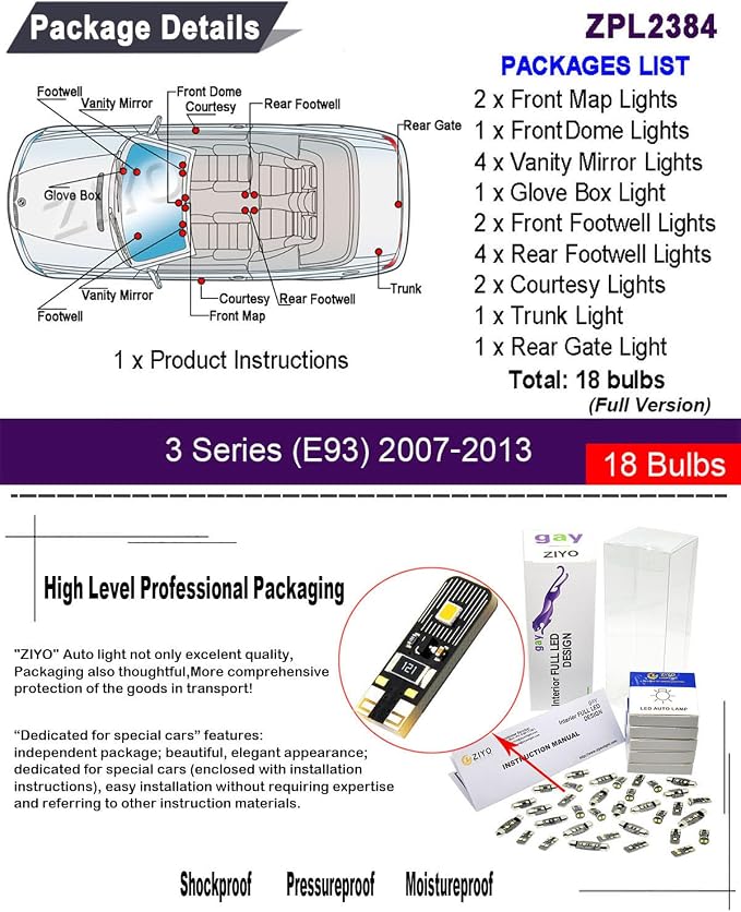ZIYO LED Interior Light Kit Replacement for BMW E90 E91 E92 E93 3 Series 2005-2013, 6000K Xenon White LED Dome Light Bulbs Upgrade Error Free (BMW E93 Cabriolet (18 Bulbs))