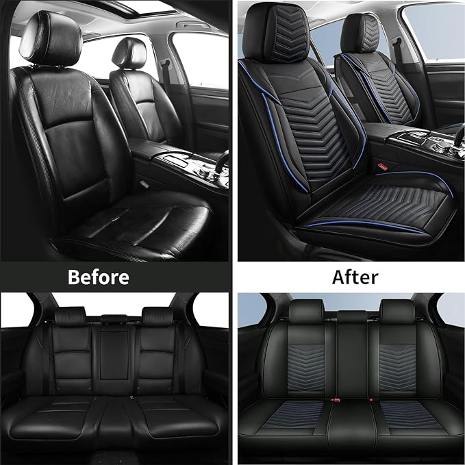 HChengkikz Car Seat Cover, Waterproof Faux Leather (Black + Blueline) | Easy Maintenance, Airbag Compatible, Universal Fit For Most SUVs Trucks Pick-ups Sedans