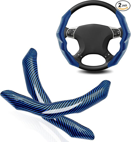 2Pcs Carbon Fiber Steering Wheel Cover, Cool Irregular Shape Grip & Anti-Slip Lining Segmented Design Steering Wheel Protector for Car Interior Accessory, Stylish & Sporty (Blue)