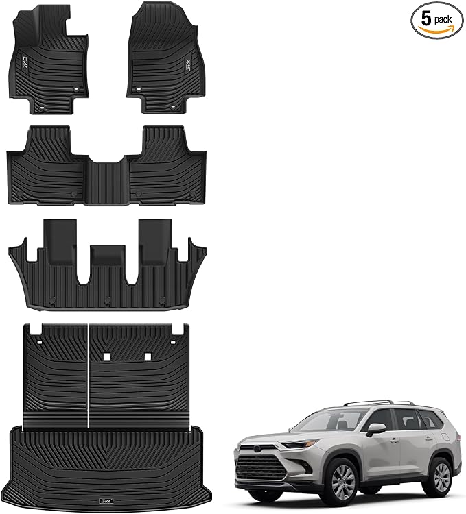3W Floor Mats for 2024 2025 2026 Toyota Grand Highlander 7 Seat with Subwoofer (Include Hybrid), Trunk Mat Cargo Liner, and Seat Back Covers TPE All Weather, Black(Not for Hybrid MAX Model)