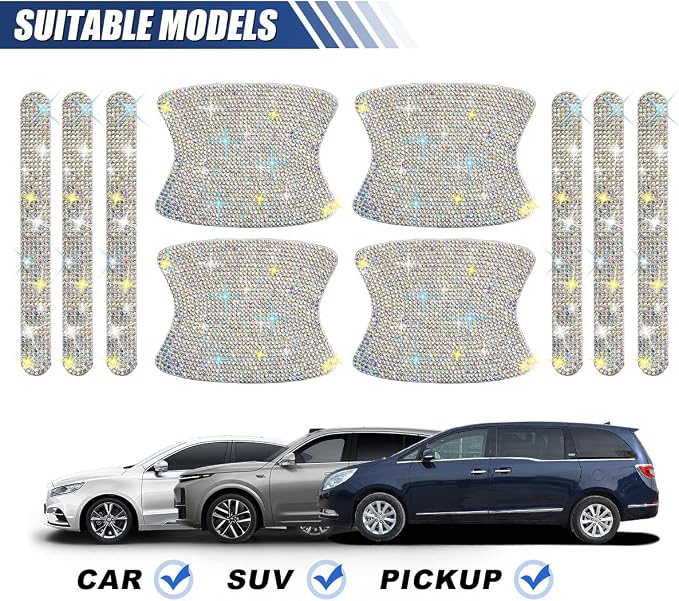 ZIMISI 10PCS Bling Car Door Handle Protector, Crystal Rhinestone Anti-Scratch Car Bowl Decoration Sticker Decal, Universal Auto Exterior Door Protective Covers Accessories for Women (Colorful)