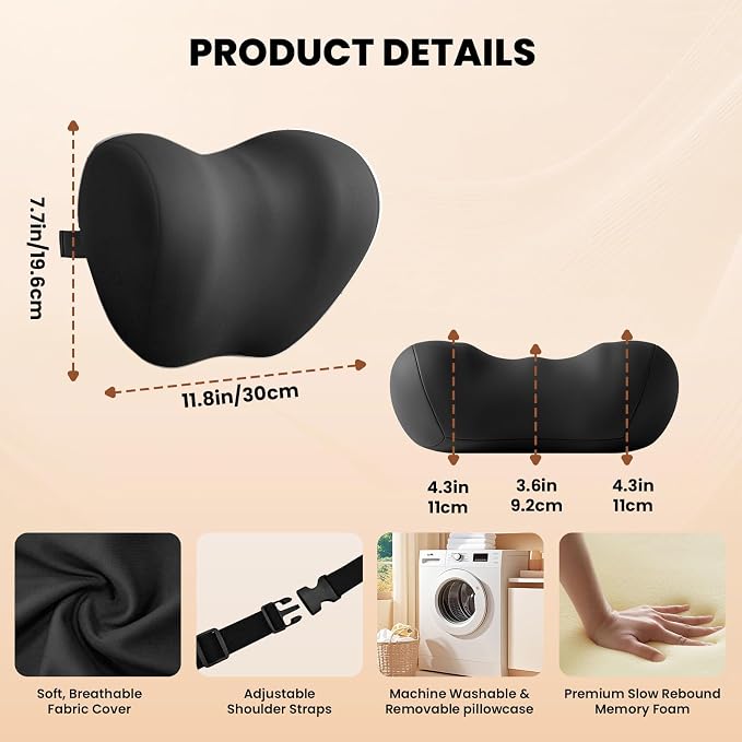 ZZ-WELL Car Headrest Pillow, Car Neck Pillow for Neck Pain Relief with Adjustable Strap, Memory Foam & Breathable Removable Cover, Travel Car Neck Pillow for Pain Relief While Driving (Black, 2Pack)