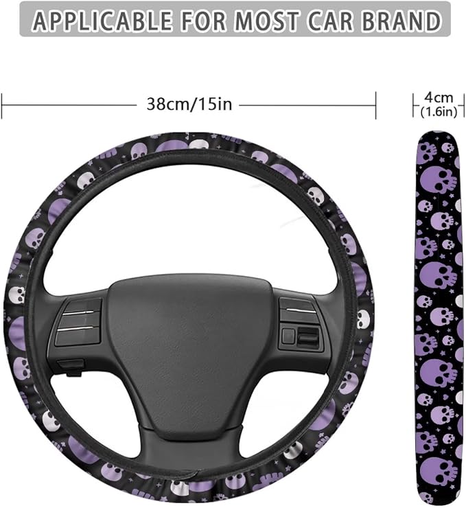 Wanyint Car Steering Wheel Cover for Women Men, Soft Neoprene Stretch Anti-Slip 15 Inch Steering Wheel Protector Universal Halloween Auto Decor, Purple Skull Print