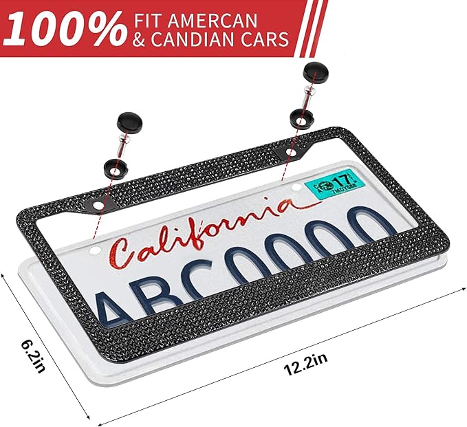 Bling License Plate Frame for Women, Sparkly Stainless Steel License Plate Frames| Over 1200 pcs 14 Facets Bedazzled Clear Glass Rhinestone Crystals w/Free Glitter Diamond 1PCS Box (Black)