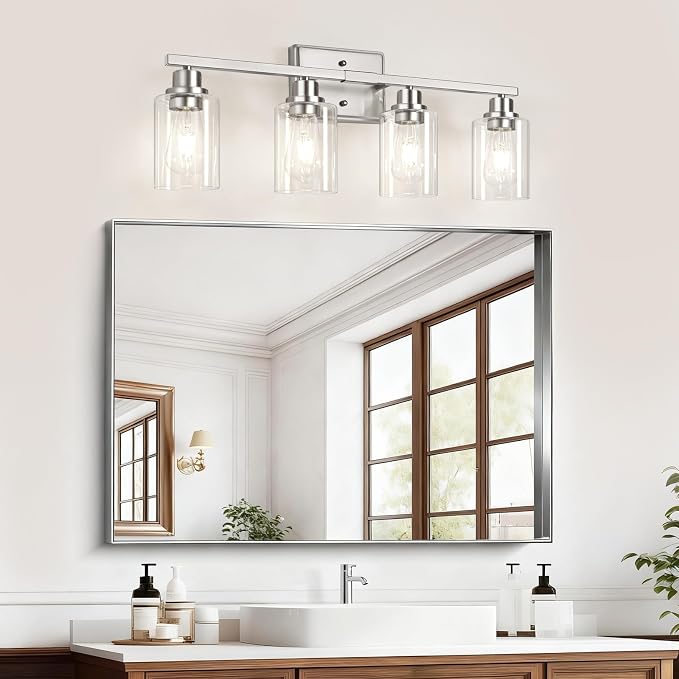 Unicozin Modern Brushed Nickel Bathroom Light Fixtures, 4-Light Vanity Lights Over Mirror with E26 LED Bulbs Included, Wall Sconce with Clear Glass Shades for Living Room Bedroom Hallway Kitchen