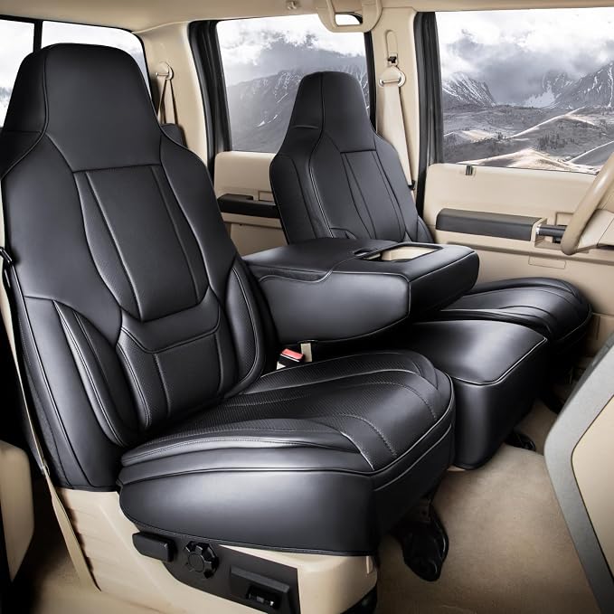 Coverland Custom Truck Car Seat Covers Front Seats for [2021-2026 Ford F150 Super, SuperCrew Cab Front Bucket Seats Rear 40/60 Bench w/o Armrest] - Protector Water Resistant Leather [Front-Black]