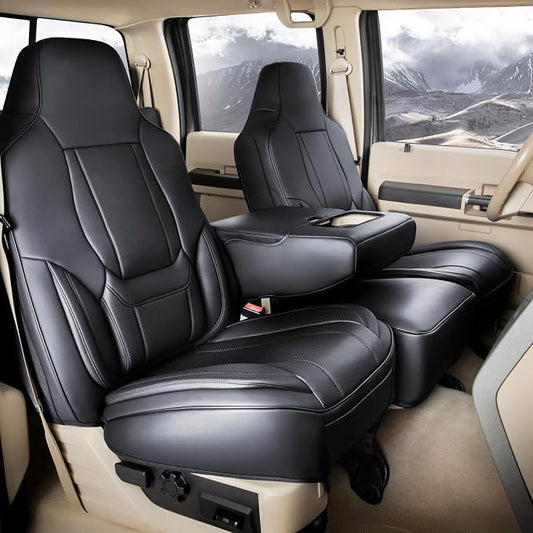 Coverland Custom Truck Car Seat Covers Front Seats for [2021-2026 Ford F150 Super, SuperCrew Cab Front Bucket Seats Rear 40/60 Bench w/o Armrest] - Protector Water Resistant Leather [Front-Black]