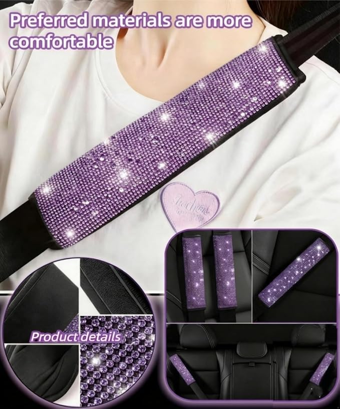 11 pcs Bling Car Accessories Set for Women,Steering Wheel Cover,Sparkly Seat Belt Covers,Daisy Vent Clips,Bling Shift Cover,Car Cup Holder Coaster,Universal Fit Most Cars (Purple Diamond)