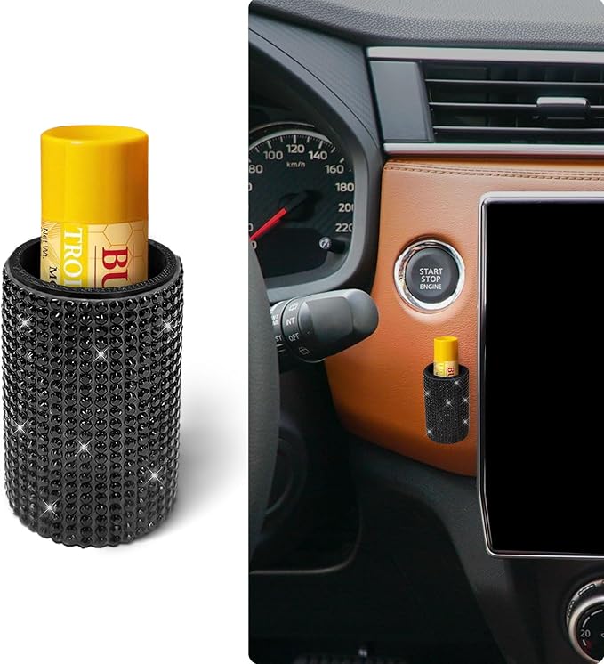 Upright Car Chapstick Holder, Bling Insulating Lip Balm Holder,Rhinestone Car Accessories for Women Interior ,Suitable for Most Vehicles. (Black)
