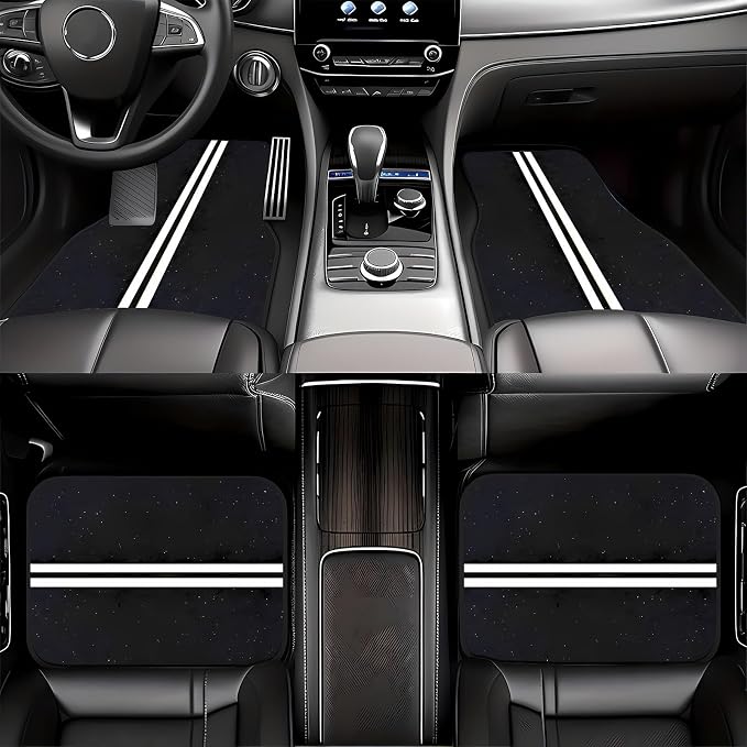 Universal Fit Car Floor Mats Set of 4Pcs, Black Background with White Stripes All-Weather Front Rear Car Carpet Mats, Non-Slip Car Floor Mat Car Accessories for Automotive Trucks SUV Sedans Vans