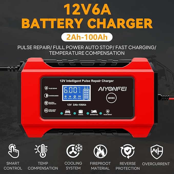 6A 12V Car Battery Charger Smart Maintainer Trickle Charger, Red | Smart Battery Desulfator, Temperature Compensation, for Car Truck Motorcycle, Lawn Mower Marine
