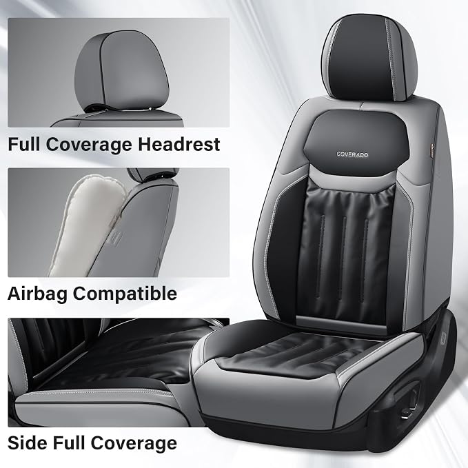 Coverado Seat Covers Full Set, Car Seat Covers 5 Seats, Front and Back Car Seat Protector, Automotive Seat Covers Fit for Most Sedans SUV Pick-ups Trucks, Gray&Black