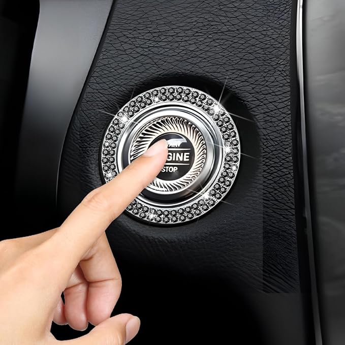 Bling Car Engine Start Ring Decals, 2PCS Sparkling Crystal Rhinestone Vehicle Push to Start Button Sticker, Diamond Auto Key Ignition Knob Decorative Ring, Universal for Vehicles (Black)