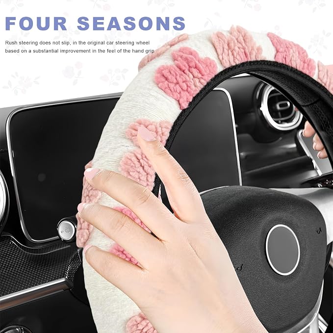 Plush Flowers Steering Wheel Cover, 15 inch Anti-Slip Breathable Steering Wheel Protector Cute Floral Decor, Elastic Soft Wheel Cover Universal Fit for Most Vehicles (Pink)