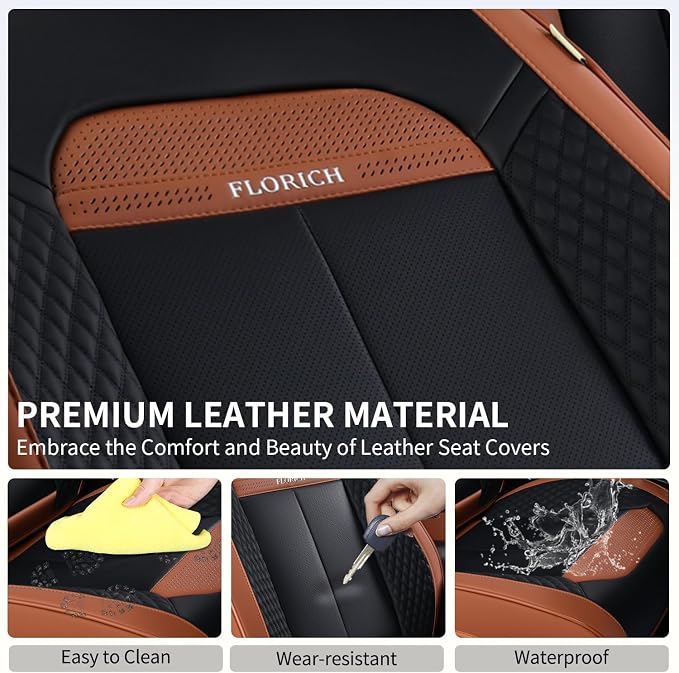 FLORICH Waterproof Car Seat Covers Full Set, Automotive Seat Covers, Brown Car Seat Covers, Luxury Seat Protector Universal fit for Most Cars SUVs and Trucks - Brown&Black